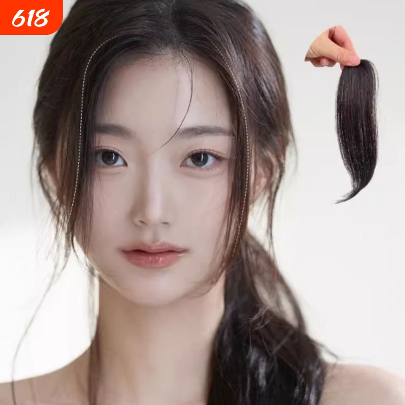 Real Hair Fake Bangs with a Natural, Seamless Middle Parting, Covering the Forehead and Creating a Voluminous Look on Both Sides