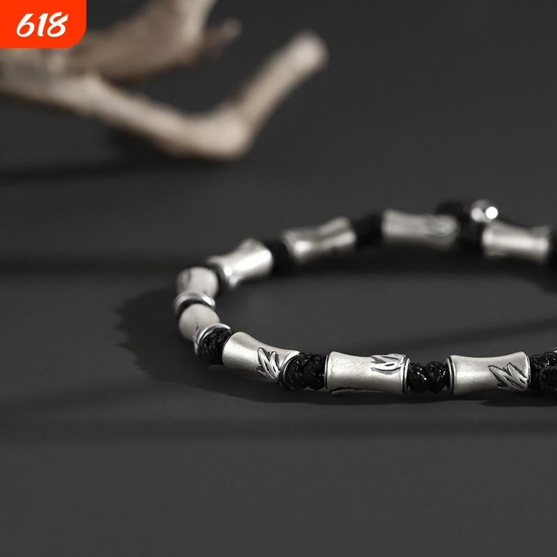 Bamboo Bracelet for Men, Silver-Plated, New Chinese Style, Retro Hand Rope, Simple and Elegant, Birthday Gift for Boyfriend