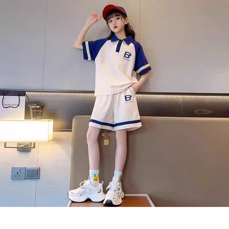 <!--女童套装夏装2024新款洋气女孩短袖polo衫大童夏季短裤运动两件套-->