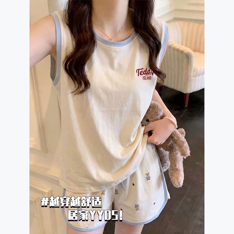 Cartoon Teddy Bear 2026 New Style Women's Summer Pajamas with Chest Pads Sweet Vest Homewear Women's Set Cartoon Teddy Bear 2026 New Style Women's Summer Pajamas with Chest Pads Sweet Vest Homewear Women's Set