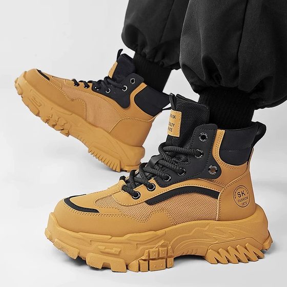劳保男鞋冬季加绒棉鞋工作防滑耐磨户外登山运动增高黑色马丁靴子