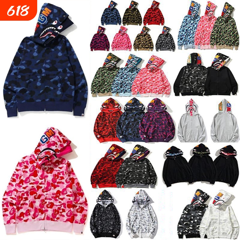 Trendy Brand Ape Hooded Sweatshirt with Double Hood and Zipper, Winter High-End Version Shark Ape Shark Camouflage Zip-Up Jacket for Parent-Child Matching