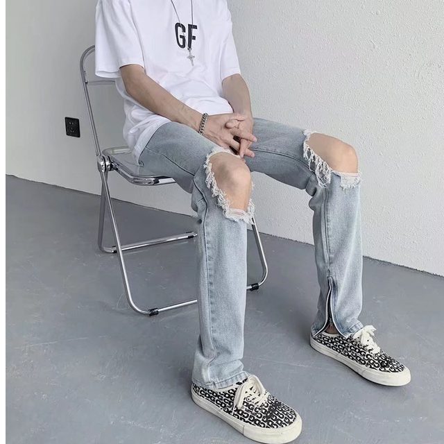 American high street black ripped jeans men's thin pants trendy brand retro loose straight pants men's style ໃຫມ່