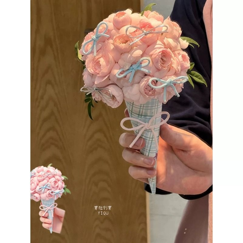 Ice Cream Cone Bouquet Finished Product, Artificial Flower Handheld Small Bouquet, Surprise Gift for Girlfriend or Best Friend on Qixi Festival or Birthday