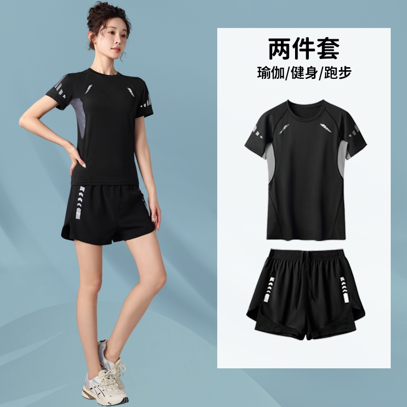<!--运动套装女速干夏季薄款大码瑜伽服紧身短袖短裤健身跑步衣服高弹-->