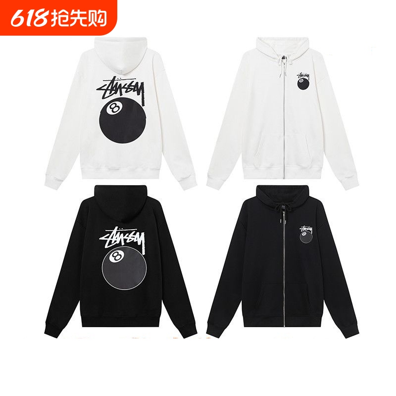 Stussy Zip-Up Hoodie Jacket with Black Eight Dice Collaboration, Heavyweight Fleece Winter Hooded Cardigan in White
