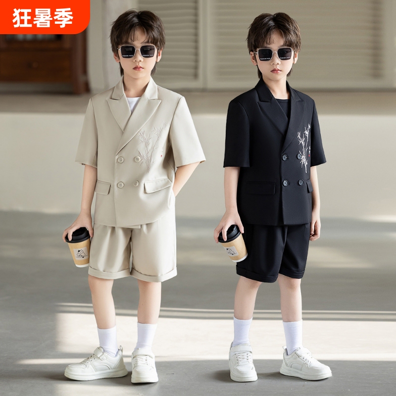 Children's Traditional Chinese Style Embroidered Short-Sleeve New Chinese-Style Suit Set for Boys, Suitable for Hosting, Recitation, and June 1St Performance Attire Children's Traditional Chinese Style Embroidered Short-Sleeve New Chinese-Style Suit Set for Boys, Suitable for Hosting, Recitation, and June 1St Performance Attire