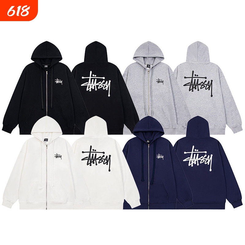 Spring Stussy Jacket Stu Hooded Sweatshirt Cardigan High-End Version with Zipper, Parent-Child Matching, Fleece-Lined, Black and White, for Spring and Autumn