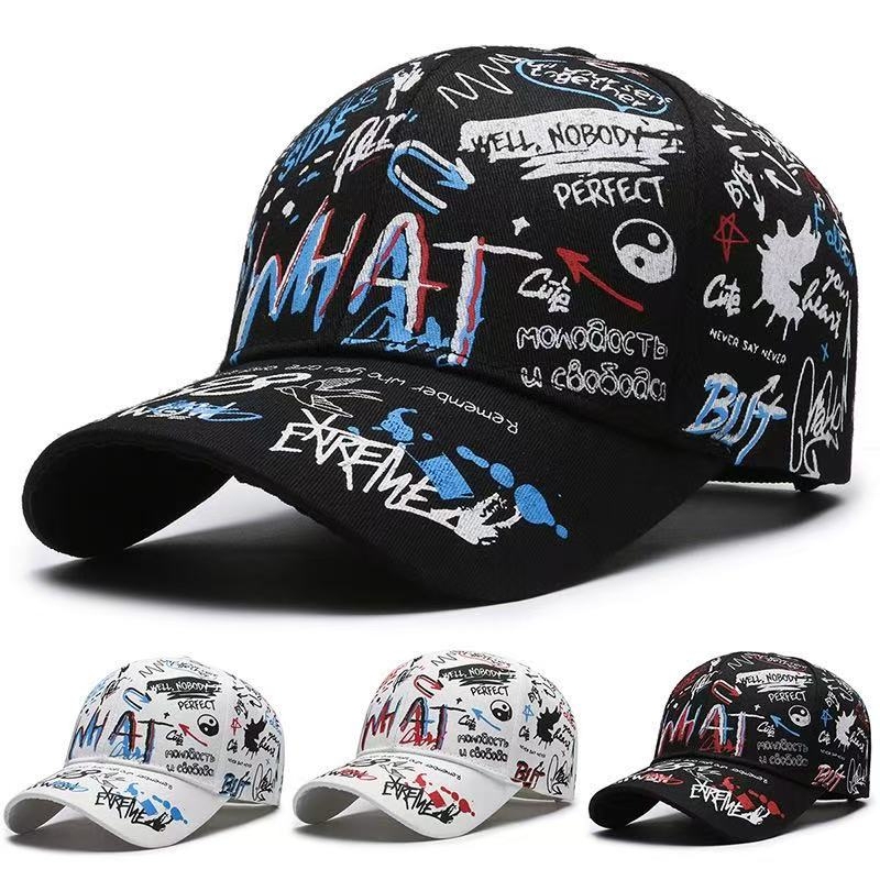 Spring Fashion Graffiti Print Hard-Top Baseball Cap Hip-Hop Versatile Sun Protection Hat Retro Casual Red White