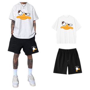 夏季运动装宽松重磅纯棉T恤男套装两件套港风短袖短裤情侣款ins