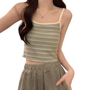 带胸垫条纹纯棉吊带背心女粉色短款文胸一体美背内衣上衣夏季紫色