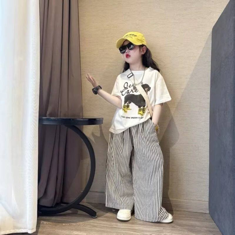 2026 new summer children's short-sleeved T-shirts for girls and boys summer striped pants summer tops two-piece thin set