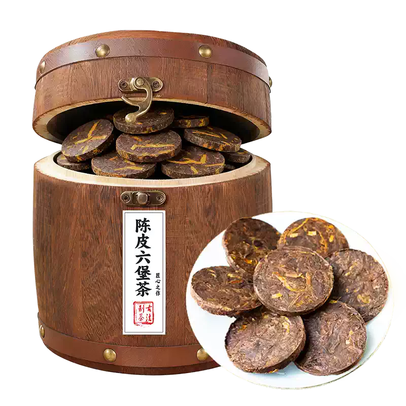 陳皮六堡茶廣西梧州黑茶濃香型暖胃陳年黑茶緊壓小圓餅木桶裝茶葉-淘寶