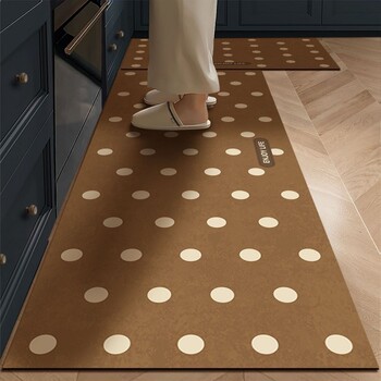 Retro brown polka-dot kitchen floor mats, non-slip, water-absorbing and oil-absorbing foot mats, scrubbable, household strip carpets, cuttable