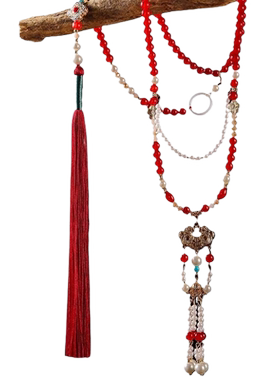 中国风项链红色汉服马面裙配饰璎珞背云流苏超长中式压襟明制古风