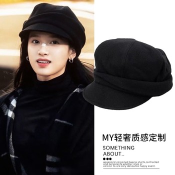 Zhang jingyi's same black peaked cap for women in autumn and winter warm woolen beret high-end retro octagonal newsboy hat