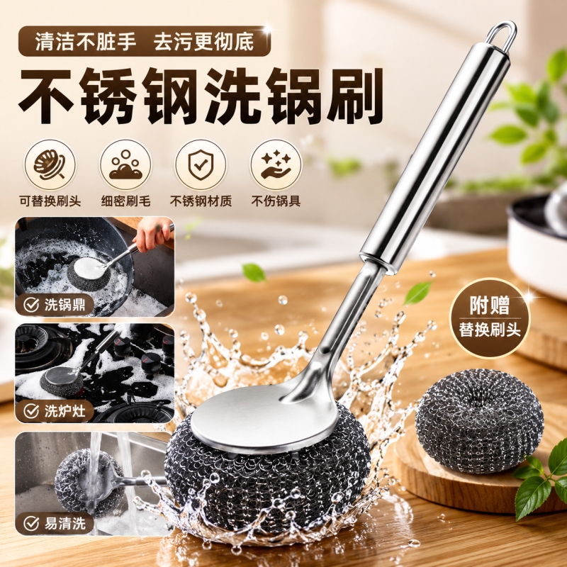 Long Stainless Steel Pot Cleaning Tool, Kitchen Cleaning Brush with Long Handle, Steel Wire Ball Brush with Detachable and Extendable Handle