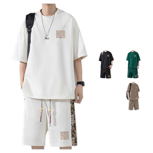 美式运动服套装男夏季2024潮牌华夫格短袖短裤两件套装搭配一套