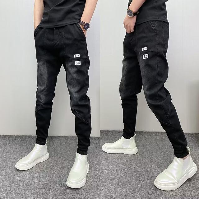 Trendy Men's New Grey Jeans Spring and Autumn Legged Pants Harem Pants Embroidered Splicing Slim Fit Small Foot Casual Pants