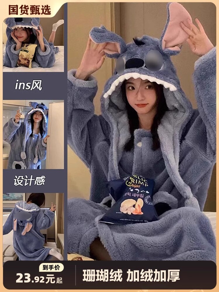 2024 NEW AUTUMN WINTER THICKENED FLEECE CORAL VELVET PAJAMAS WINTER WOMENS WINTER NIGHTGOWN WOMENS AUTUMN WOMENS WINTER