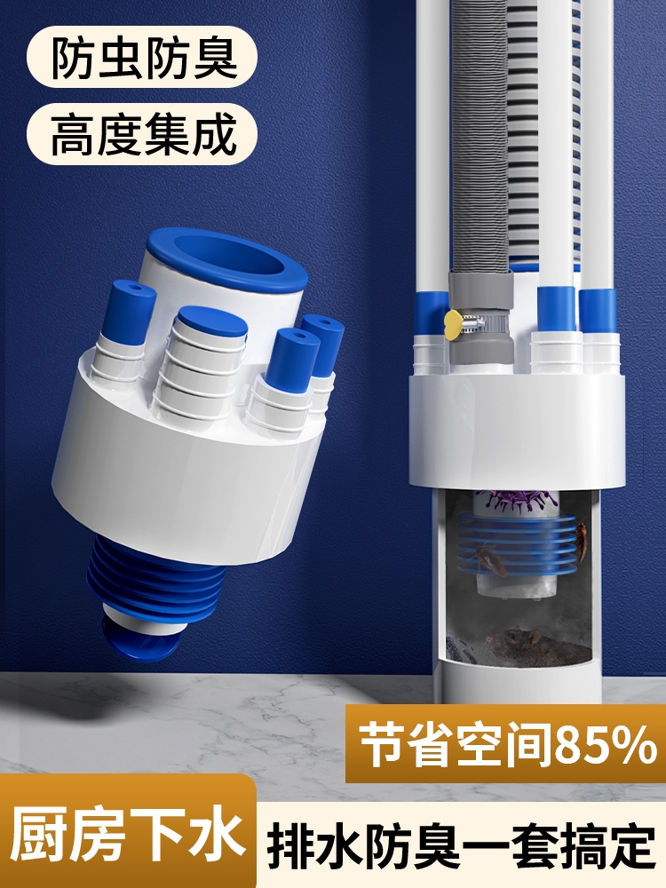 <!--厨房下水管三通洗菜盆排水三头通防臭神器防返臭分水器接头水槽道-->