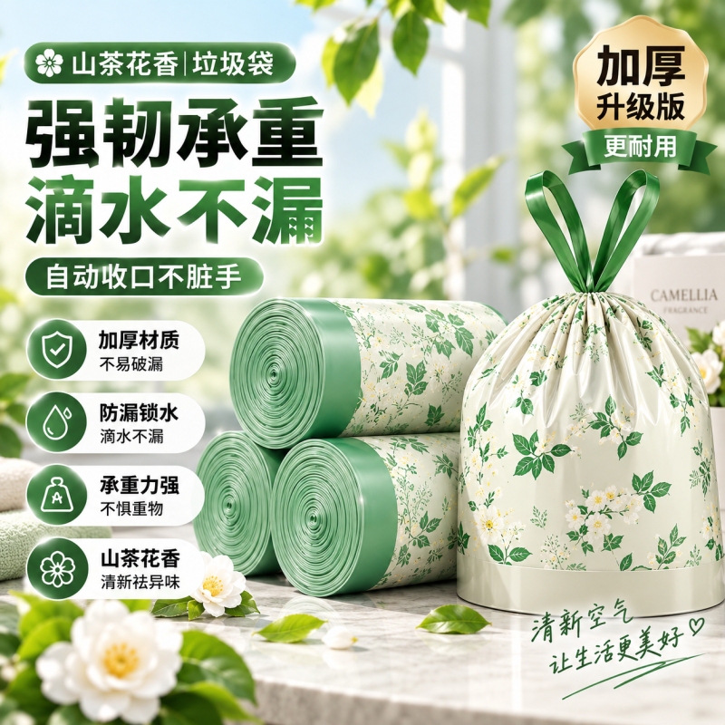 Car-Mounted Trash Bags, Thickened with Mugwort Fragrance, Portable, Mosquito-Proof for Kitchen Use, Tear-Free Drawstring, Large Odor-Removing Plastic Bags