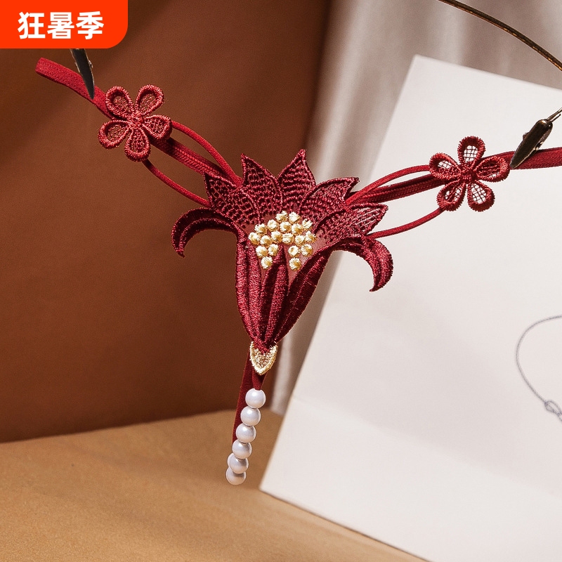 Ancient Style Embroidered Pearl Pendant Open-Crotch Thong, Sexy Transparent Lingerie, Alluring Lace Briefs for Women