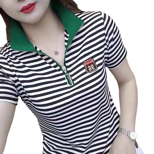 2024夏新款女士t恤短袖爆款休闲百搭上衣高档拉链衫条纹穿搭A大气
