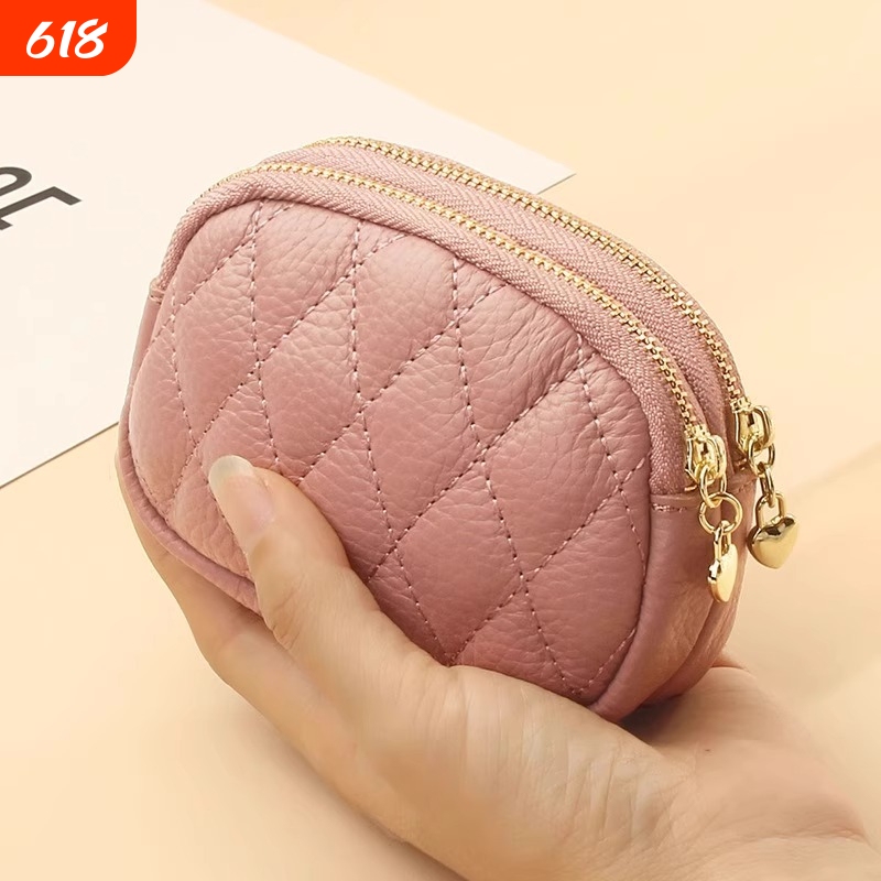 2025 New Model First-Layer Cowhide Embroidered Key Ring Coin Purse Double-Layer Zipper Small Coin Purse for Women in Pink and Red