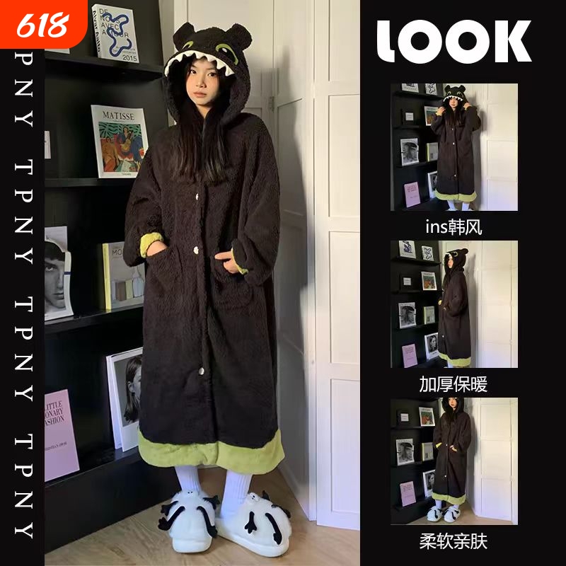 Winter Cute Toothless-Themed Coral Fleece Thickened Cartoon Hooded Long Pajamas Cozy Cotton Home Wear