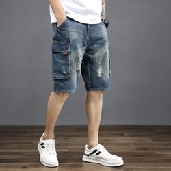 Cargo shorts men's quarter pants men's plus size denim shorts men's loose ripped mid-pants men's cropped pants summer