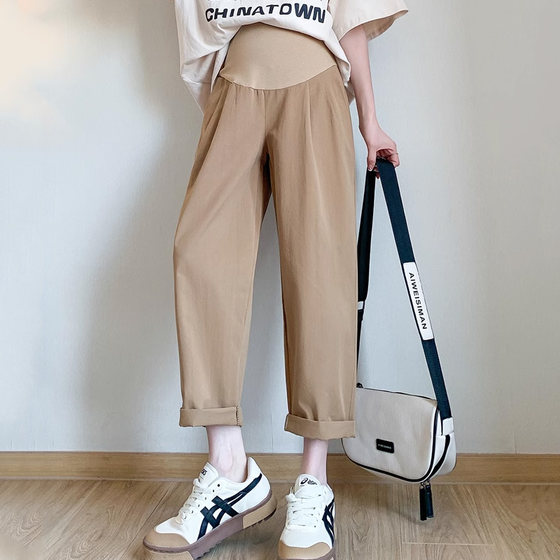 大码胖mm孕妇裤子外穿棉麻裤新款托腹孕妇装春夏装八分九分老爹裤