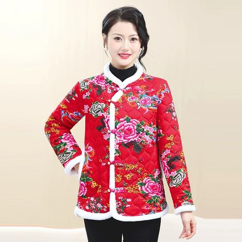 Куртка на хлопковой подкладке с большим цветком, осень и зима 2024, плюс хлопковые хлопковые женские толстые топы в новом стиле с маленькими цветами в северо-восточном стиле