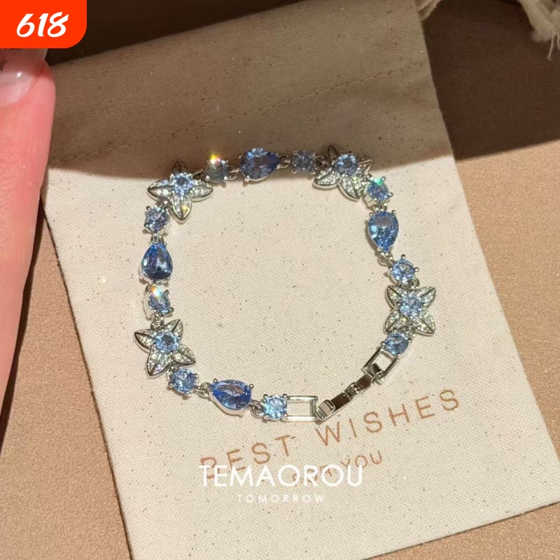 Heavy Craftsmanship! Early Spring New Style Blue Geometric Rhinestone Water Drop Silver Clasp Bracelet, Fresh and Bright, Summer Jewelry for Women Heavy Craftsmanship! Early Spring New Style Blue Geometric Rhinestone Water Drop Silver Clasp Bracelet, Fresh and Bright, Summer Jewelry for Women