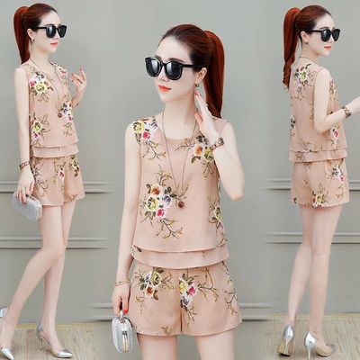 时尚短裤套装女男夏装新款碎花无袖雪纺衫上衣阔腿裤两件套洋气