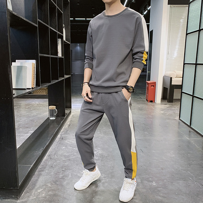 大码套装韩版t恤长袖男两件套休闲运动套装
