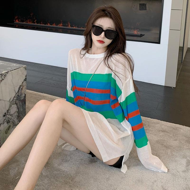 Summer 150kg Women's Sun Protection Clothing Long-Sleeved Loose Mid-Length T-Shirt Striped See-Through Thin Pullover Blouse Trendy Top