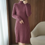 Шерстяной демисезонный свитер, длинное трикотажное платье, юбка, высокий воротник, средней длины, увеличенная толщина