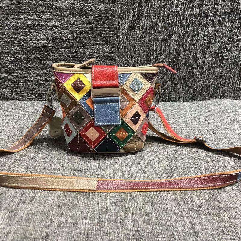 Bunter Eimerbeutel Aus Rindsleder Damen Schultertasche_voghion.com