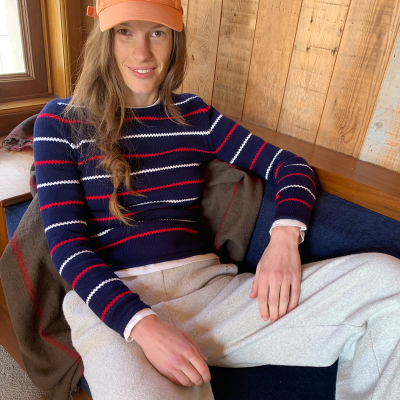 Juriho British Navy Striped Fitted Round Neck Knit Sweater