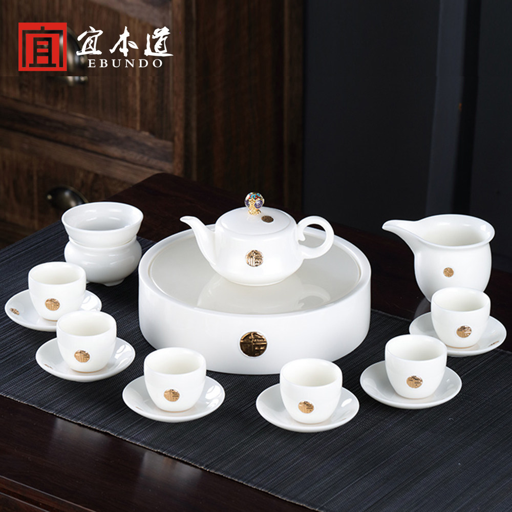 Imoto Goat Grease Jade White Porcelain Kongfu Tea Furniture Suit Home Office Light Lavish Ceramic Tea Tea Pot Lid Bowl whole set