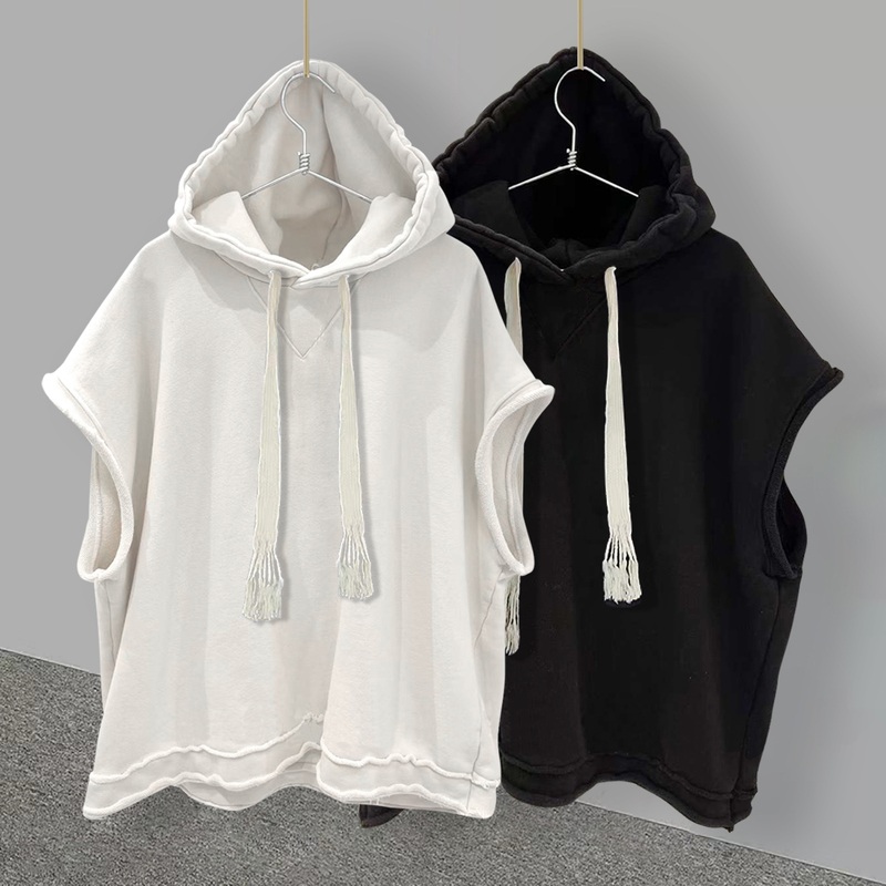 Solid Color Hooded Sleeveless T-Shirt for Men, Summer ins Korean Style Trendy White Stylish Patchwork Casual Loose Vest