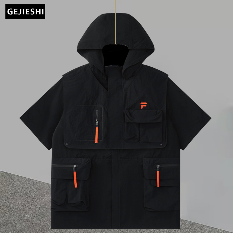 Street Style Black Short-Sleeved Hooded Fake Two-Piece Design Multi-Pocket Workwear Functional Unisex Versatile Top