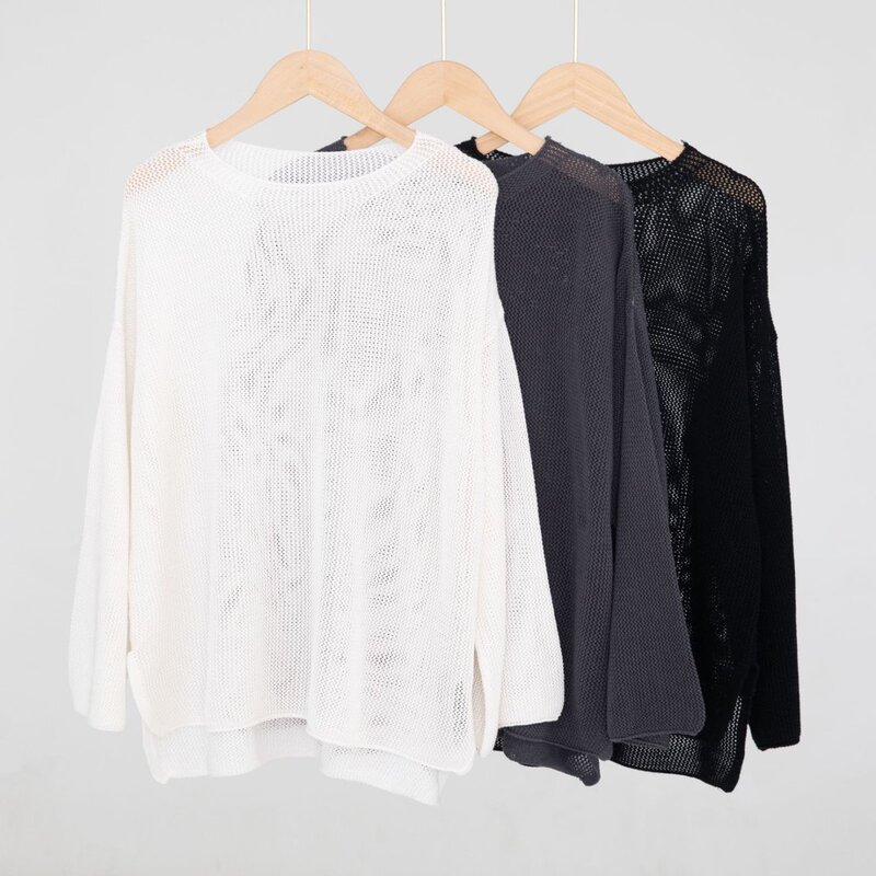 [Coming to You] Relaxed Fine-Spun Silk Cashmere Versatile Simple Casual Perforated Round-Neck Knit Sweater for Women