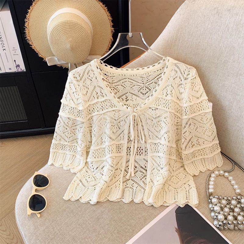 Short-Sleeved Hollow-Out Sun-Protective Knitted Cardigan for Women, Summer Slip Dress with Hollow-Out Shawl, Short Ice Silk Cover-Up Top