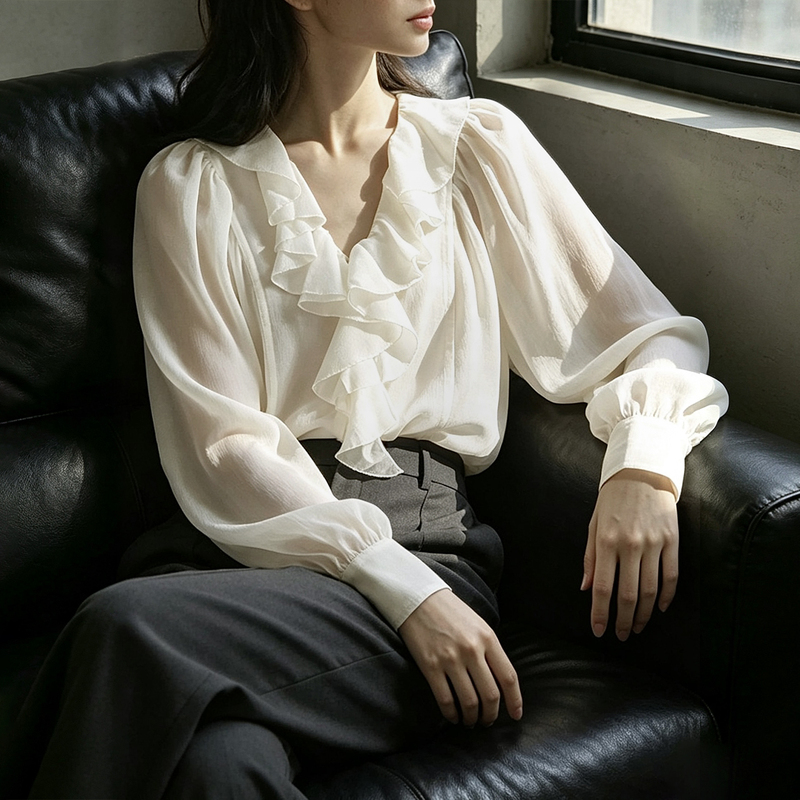 Music Eyes French Ruffled V-Neck Shirt for Women, Long-Sleeved, Loose, Slimming, Versatile Work Clothing Top