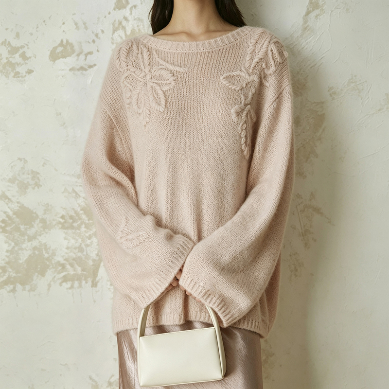 Music Eyes Loose and Lazy Round-Neck Pullover Wool Knitwear for Women, Autumn and Winter Handmade Crochet Sweater