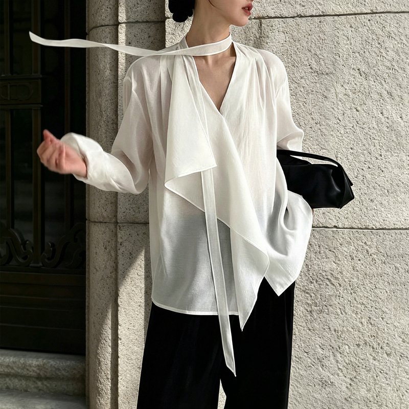 Music Eyes Design Asymmetrical Ribbon V-Neck Shirt for Women, Thin, Loose, Slimming Long-Sleeved Top