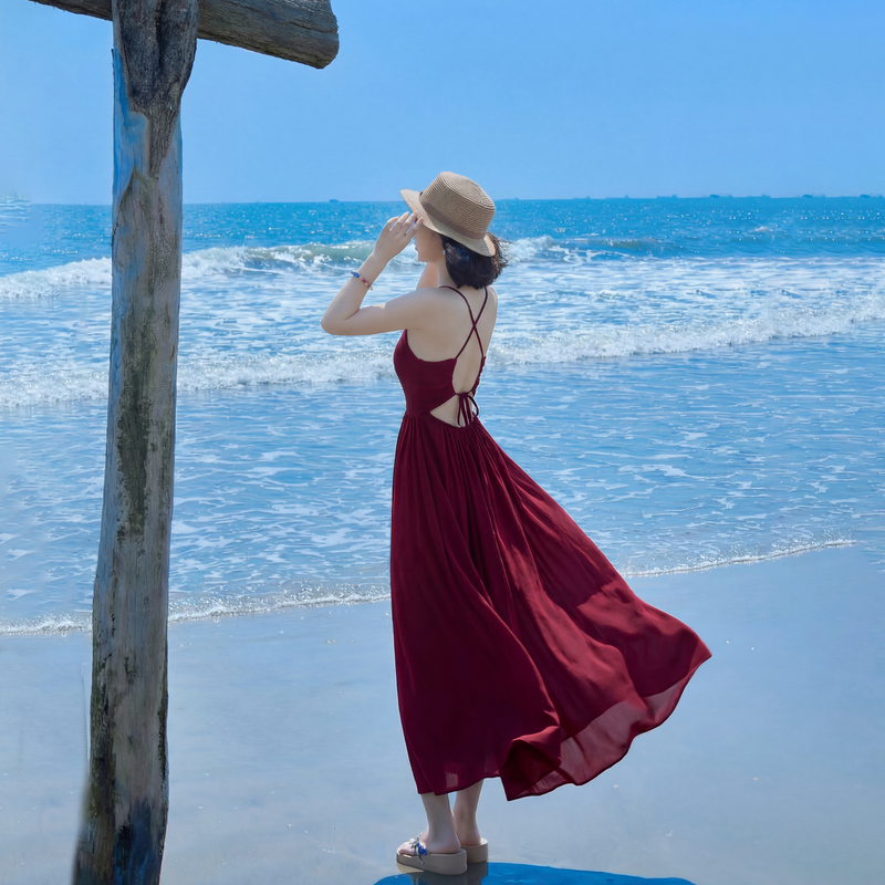 Sanya Seaside Vacation Dress for Women, Summer Flowing Chiffon Backless Strap Dress with Chest Pad, Burgundy Beach Dress with a High-End Feel Sanya Seaside Vacation Dress for Women, Summer Flowing Chiffon Backless Strap Dress with Chest Pad, Burgundy Beach Dress with a High-End Feel
