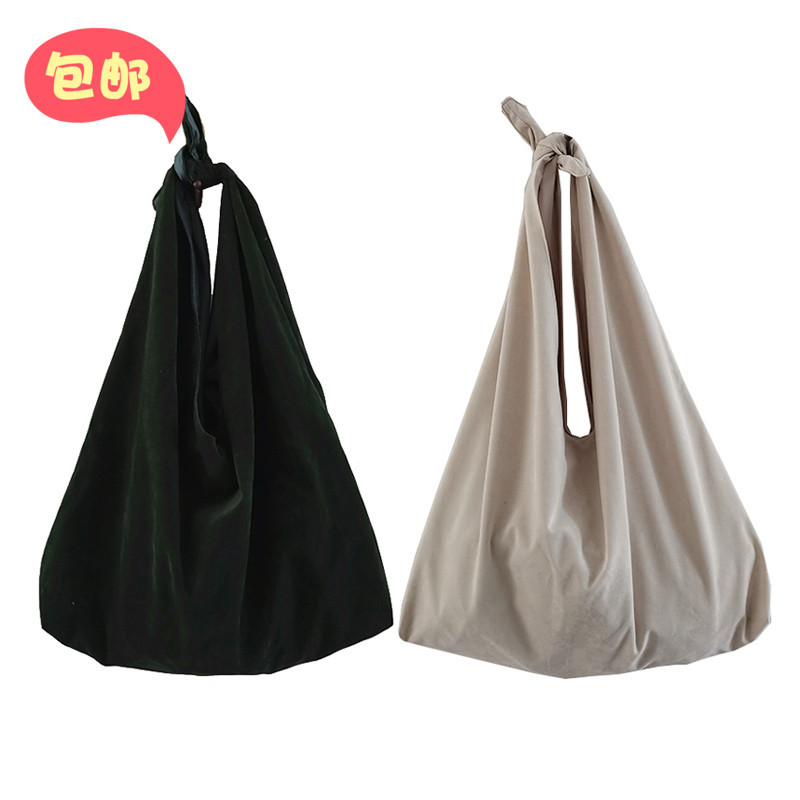 Original LAOSHU Vintage-Style Beige and Army Green Handbag, Knotted Tote Bag, Suede Japanese-Style Fabric Bag